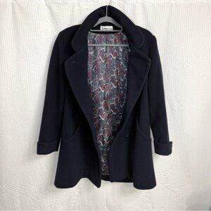 Vintage Herman Kay 80% Wool Navy Blue Double-Breasted Pea Coat w/ Paisley Lining